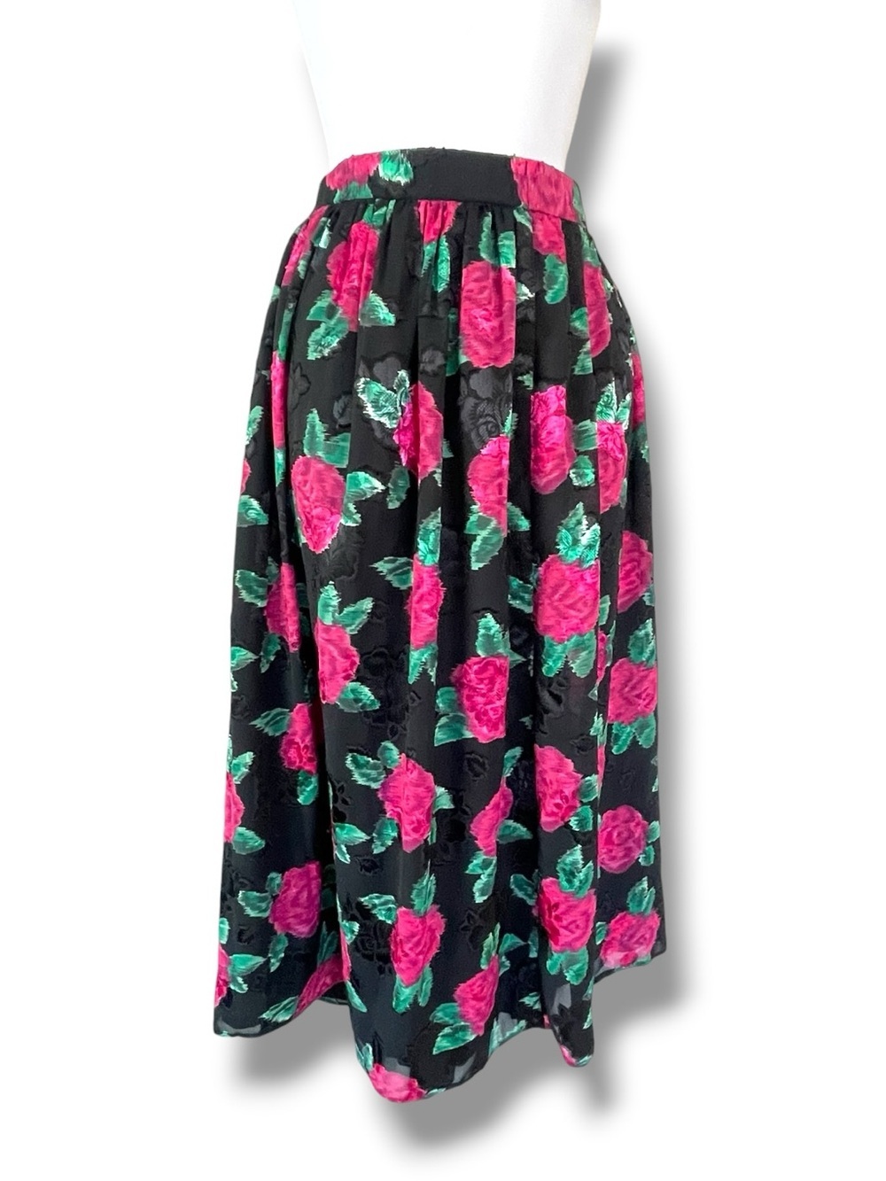 Vintage koret Black Pink Rose Floral Midi Skirt Romantic Cottagecore Tea Length